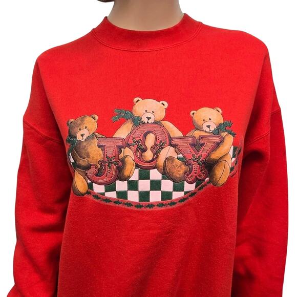Vintage 90s Miller Sweatshirt XL Joy Teddy Bear Christmas USA Made Mockneck Red - Picture 2 of 11